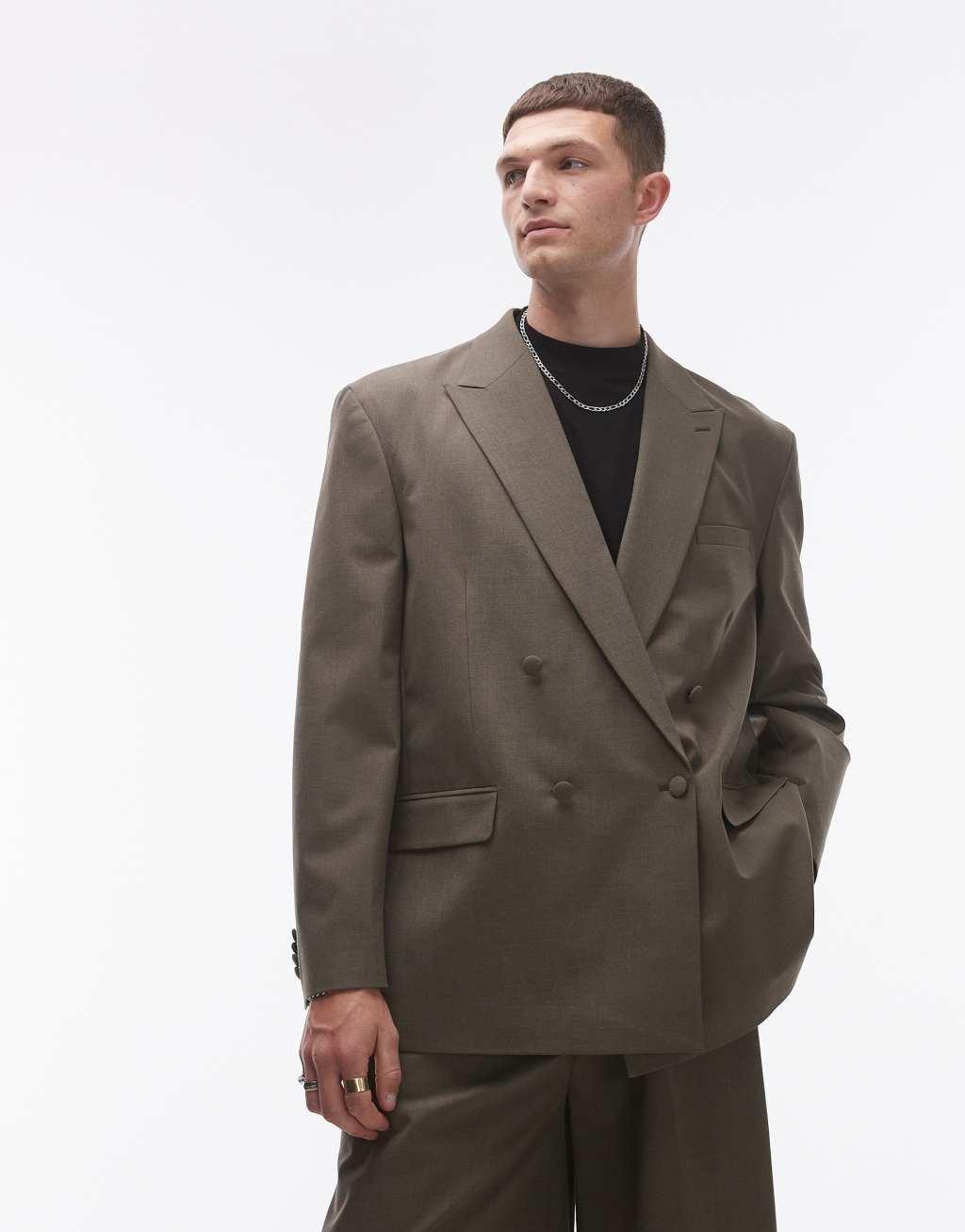 Topman relaxed deconstructed double breasted suit jacket in khaki Product Image