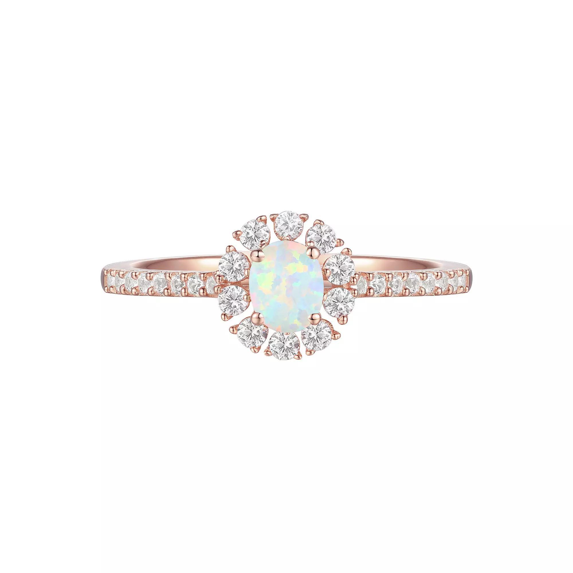 14k Rose Gold Over Silver Lab-Created Opal, Lab-Created White Sapphire Solitaire Ring, Women's, Size: 7 Product Image