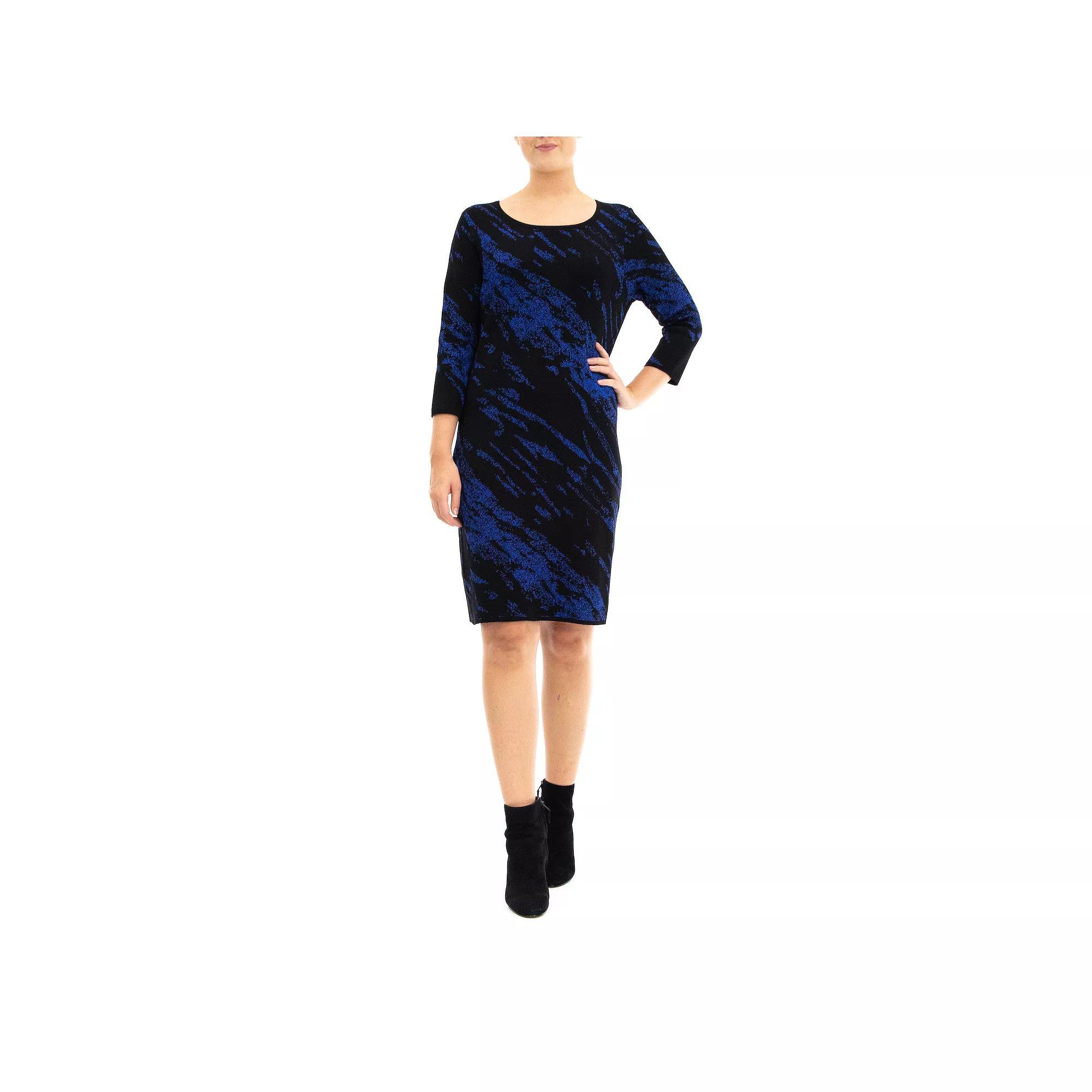 Women's Nina Leonard Three Quarter Jewelneck Sheath Sweater Dress, Size: Small, Black Deep Blue Product Image
