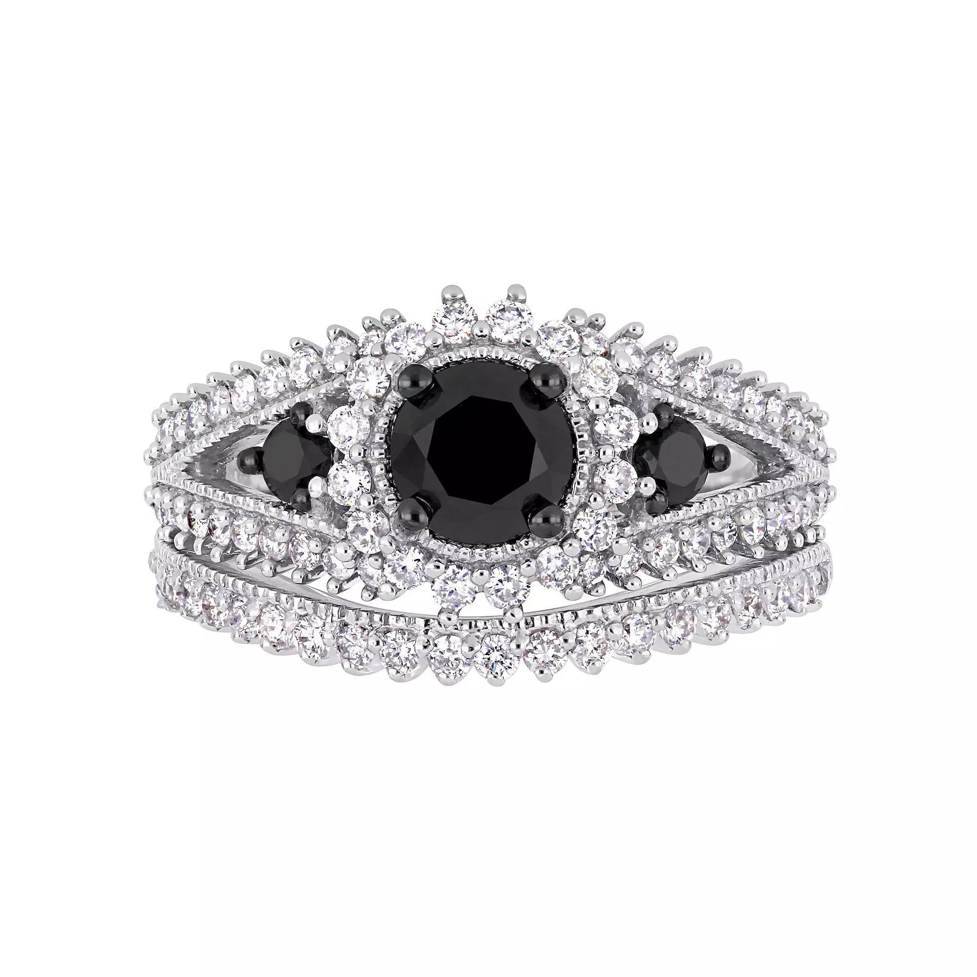 Stella Grace 10k White Gold 2 Carat T.W. Black & White Diamond Halo Engagement Ring Set, Women's, Size: 6.50, 10k Whgold Product Image
