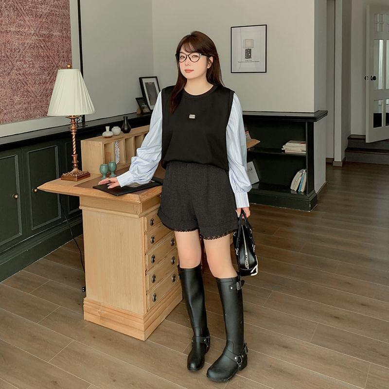 Plus Size High Waist Lace Trim Wide Leg Shorts Product Image