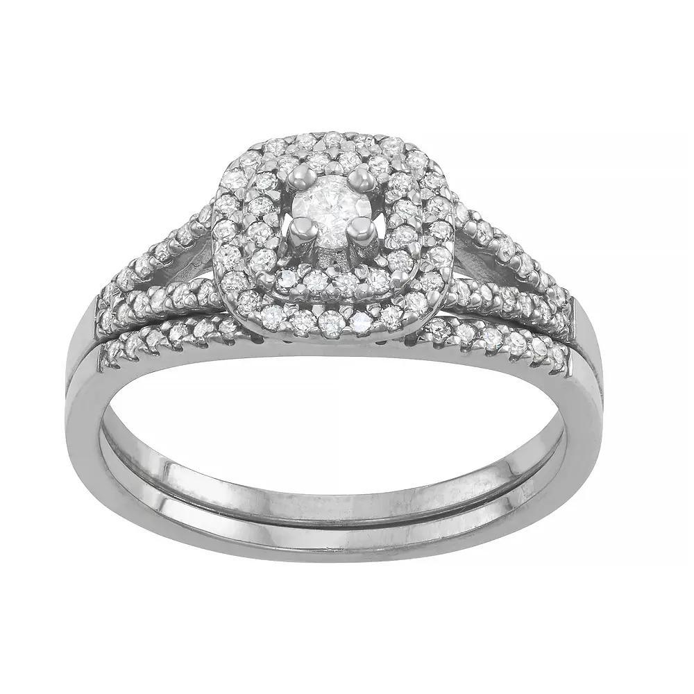 Tiara Sterling Silver 1/2 Carat T.W. Diamond Halo Engagement Ring Set, Women's, Size: 8 Product Image