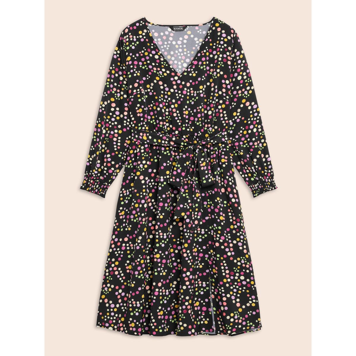 Plus Size Polka Dot Shirred Belted Split Hem Dress Black Women Elegant Belted V-neck Long Sleeve Curvy BloomChic 12/L Product Image