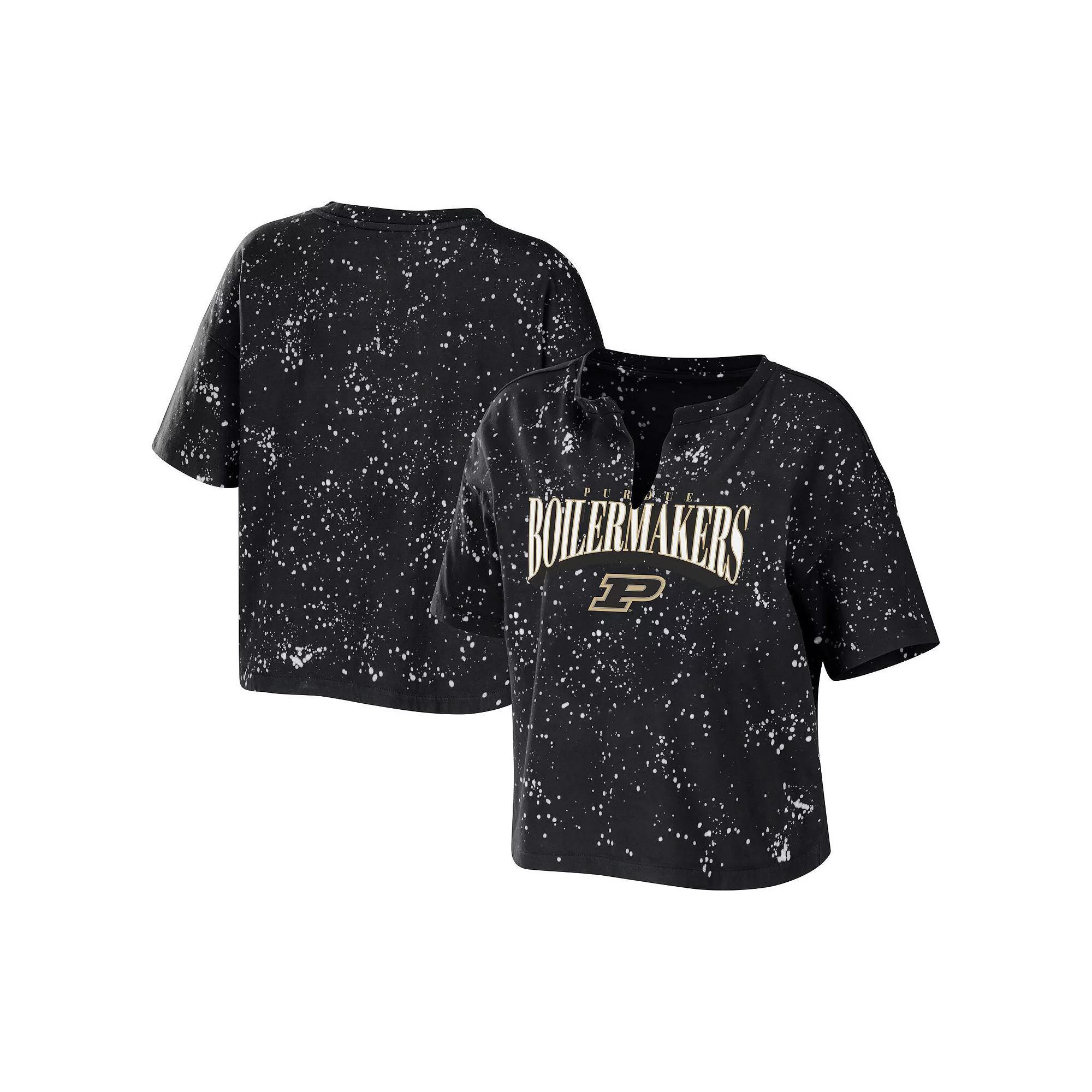 Women's WEAR by Erin Andrews Black Purdue Boilermakers Bleach Wash Splatter Notch Neck T-Shirt, Size: Large Product Image