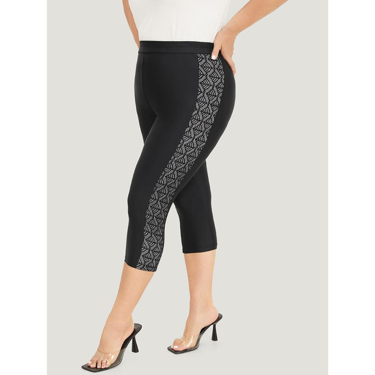 Plus Size Solid Crochet Lace High Rise Cropped Leggings Women Black Elegant High stretch Bodycon High Rise Dailywear Leggings BloomChic 10/M Product Image