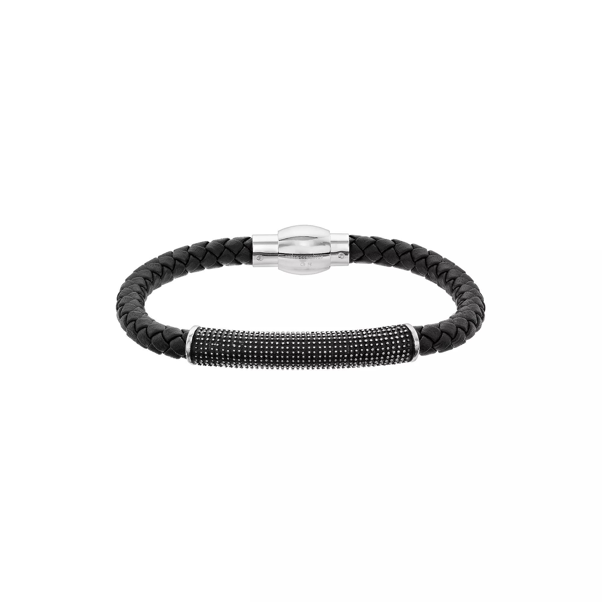 LYNX Men's Textured Bar Black Leather Bracelet, Size: 8.5", Stainless Product Image