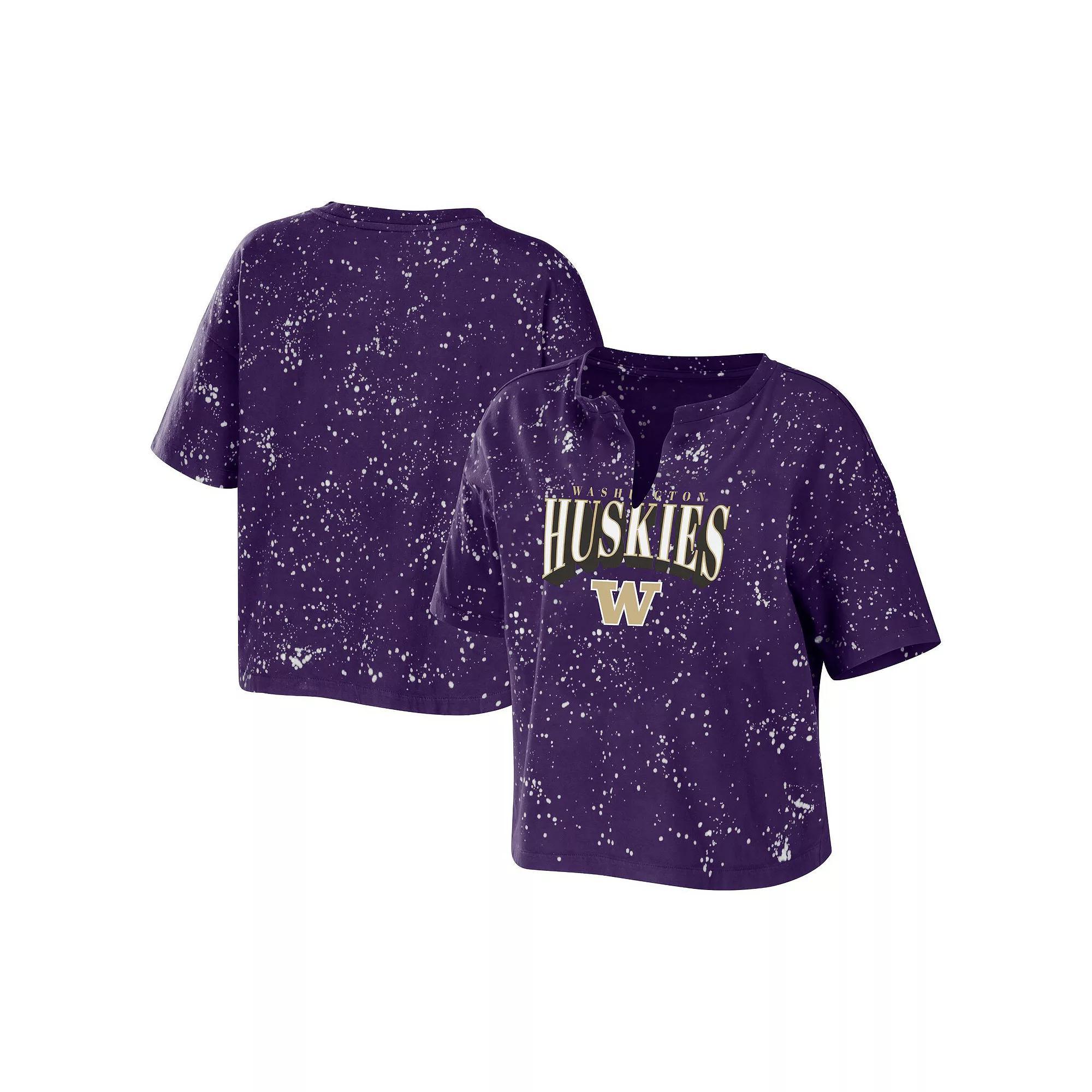 Women's WEAR by Erin Andrews Purple Washington Huskies Bleach Wash Splatter Notch Neck T-Shirt, Size: Small Product Image