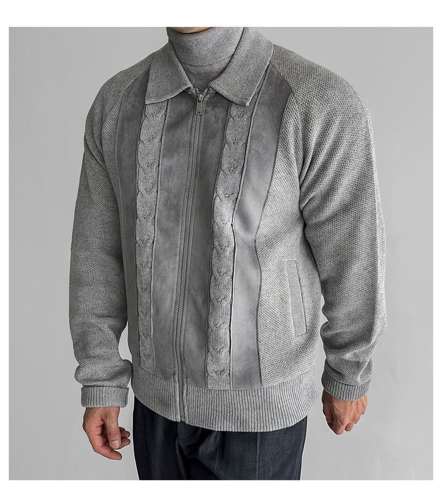 Collared Striped Cable Knit Zip Cardigan Product Image