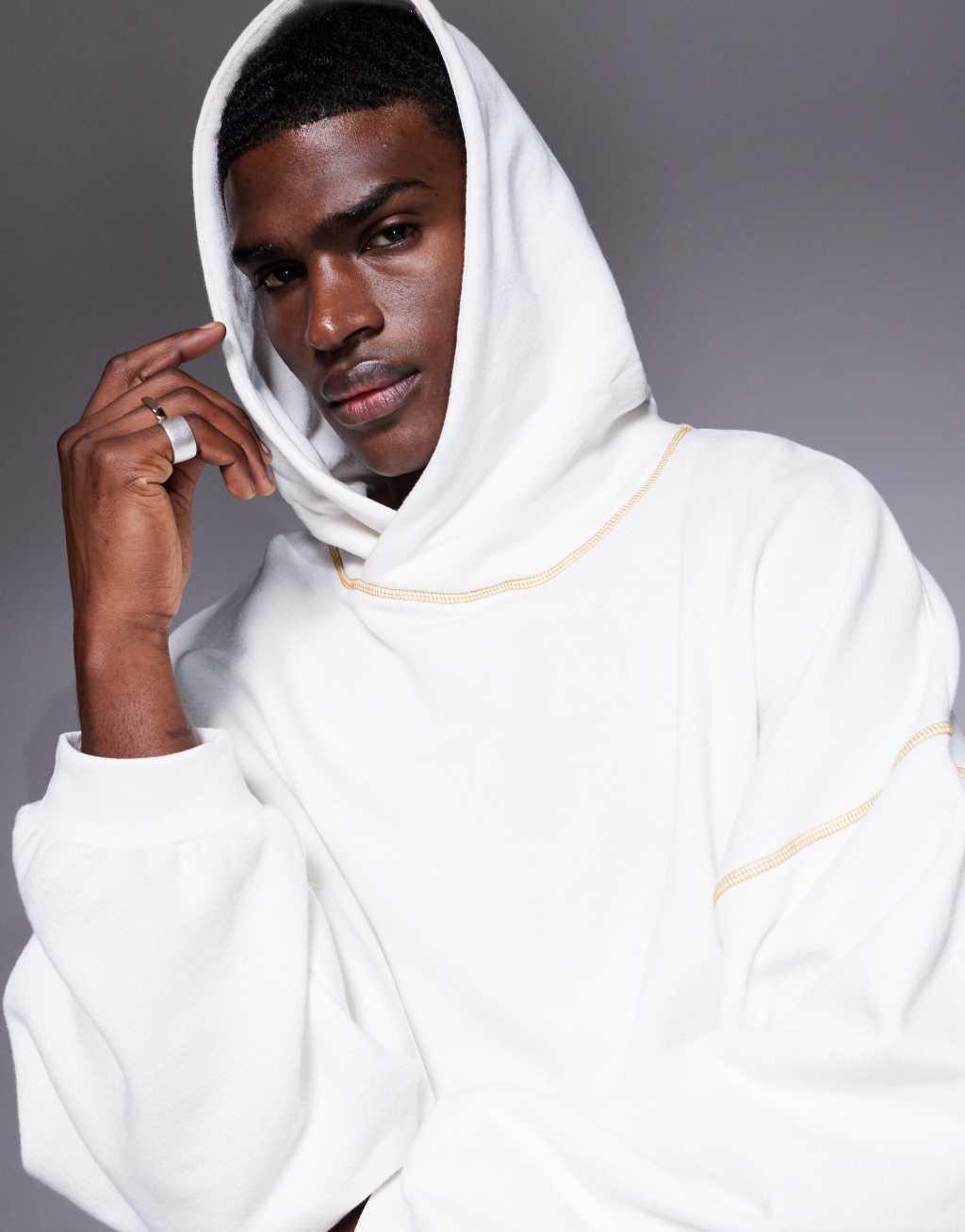 ASOS DESIGN extreme oversized boxy hoodie with wide hood and contrast seems in ecru Product Image