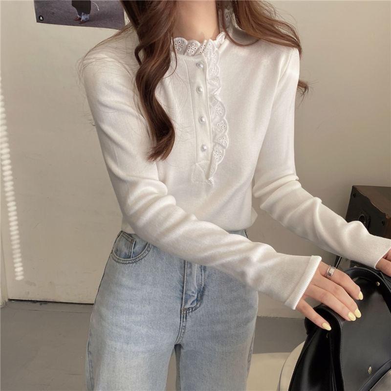 Long-Sleeve Frill Trim Half Buttoned Plain Top Product Image