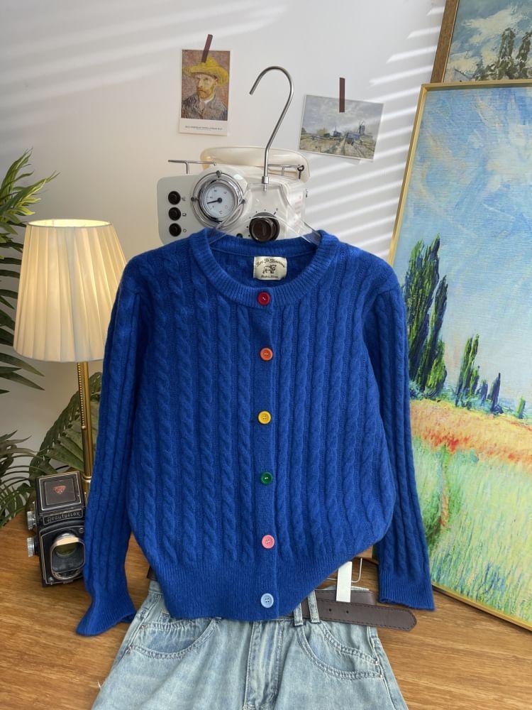 Crew Neck Plain Cable Knit Button-Up Cardigan Product Image