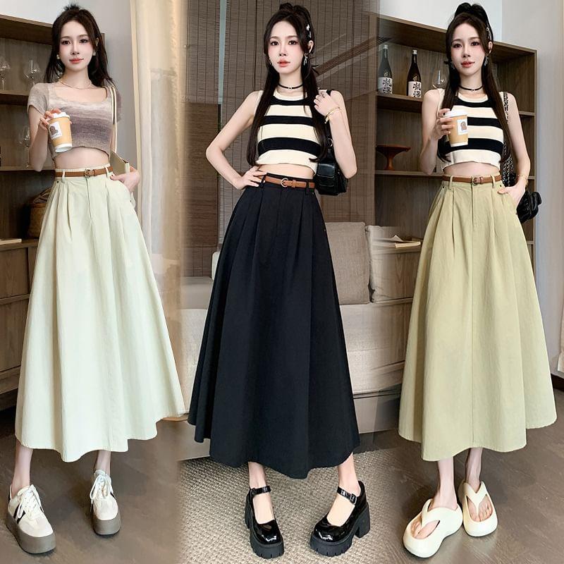 High Rise Plain Midi A-Line Skirt Product Image