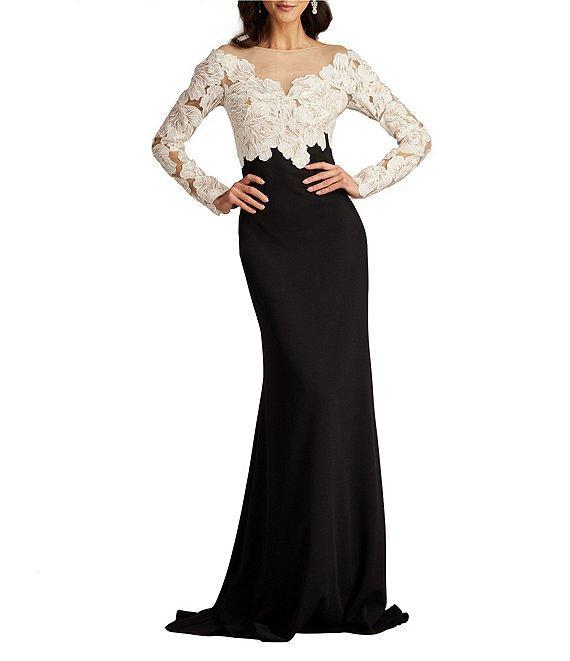 Tadashi Shoji Illusion V-Neck Long Sleeve Lace Bodice Crepe Gown Product Image
