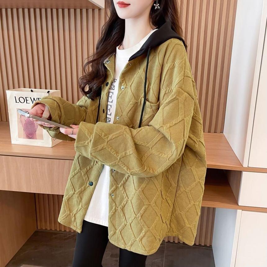 Two Tone Drawstring Hooded Button Jacket Product Image