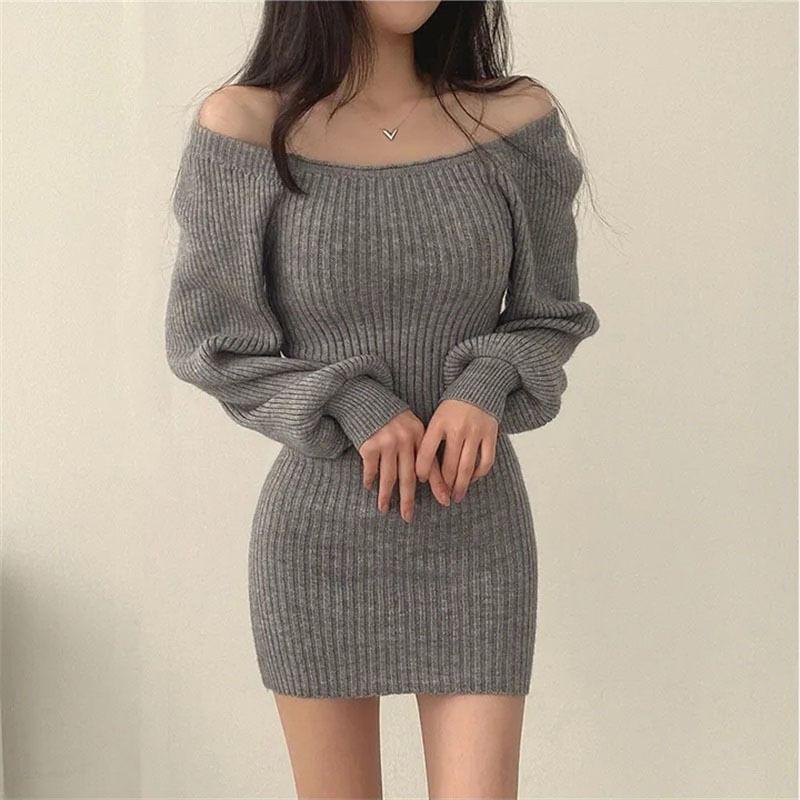 Long-Sleeve Square Neck Plain Ribbed Mini Sheath Knit Dress Product Image
