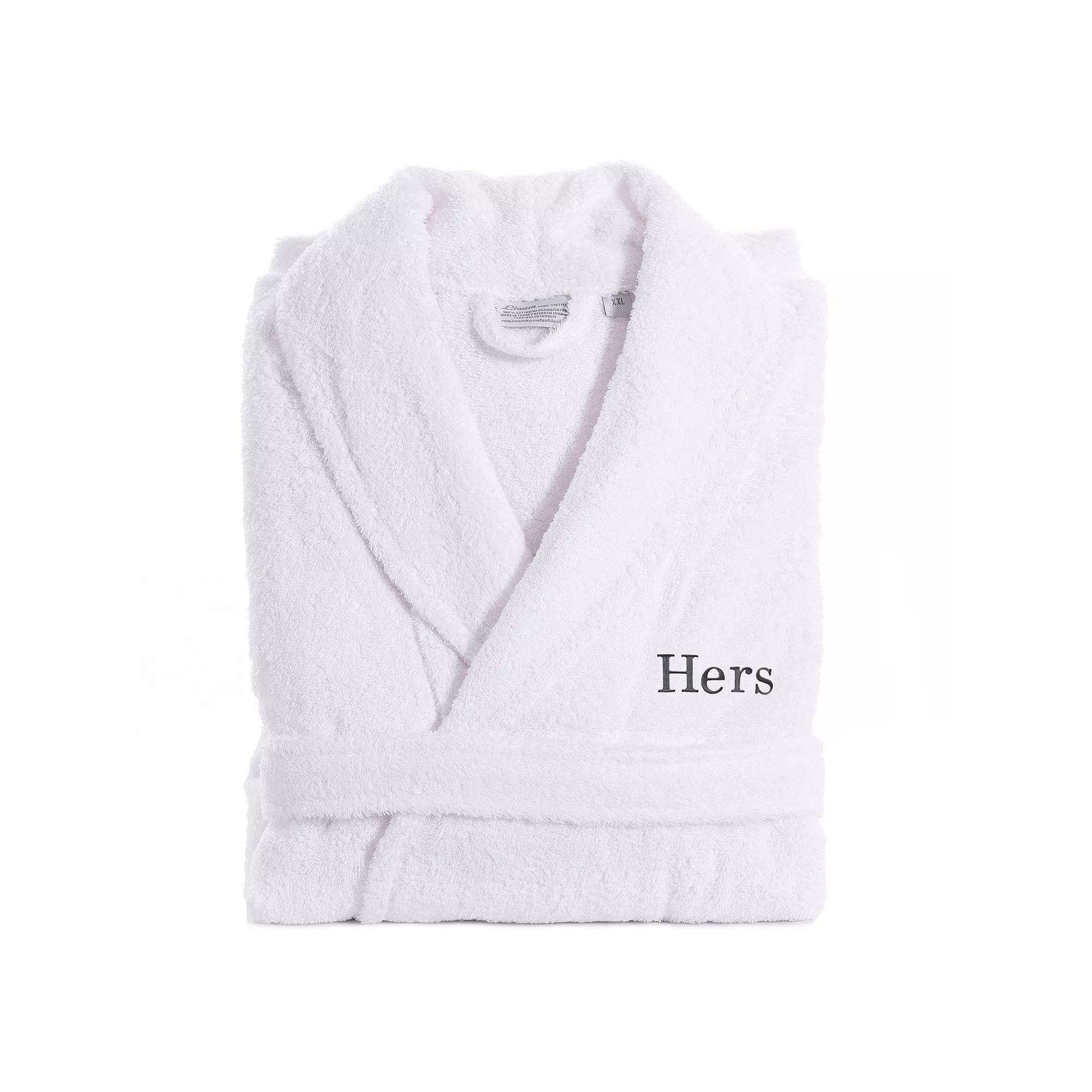 Women's Linum Home Textiles Turkish Cotton Embroidered ''Hers'' Terry Bathrobe, Size: Large/XS, Gray Product Image