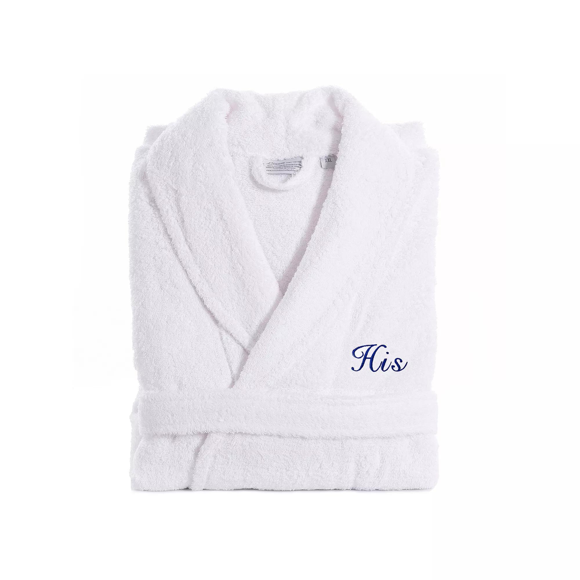 Womens Linum Home Textiles Turkish Cotton Embroidered Cursive Hers Terry Bathrobe Blue Product Image