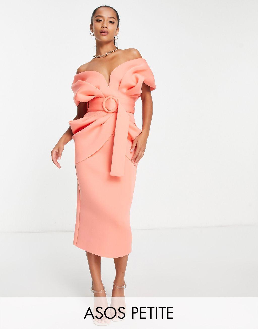 ASOS DESIGN Petite drape shoulder belted midi dress in pink Product Image
