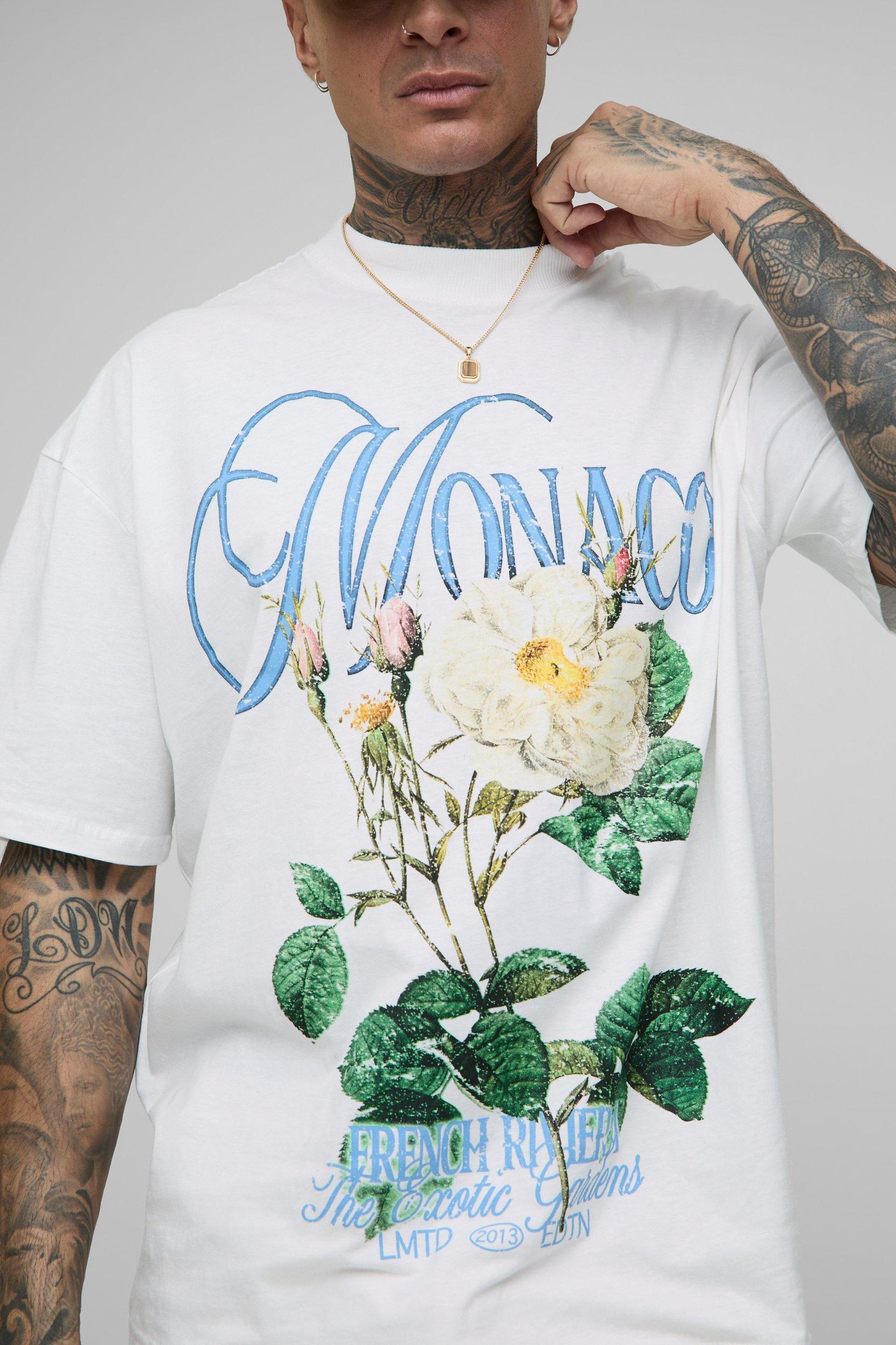 Tall Oversized Extended Neck Monaco Floral Print T-Shirt | boohooMAN USA Product Image