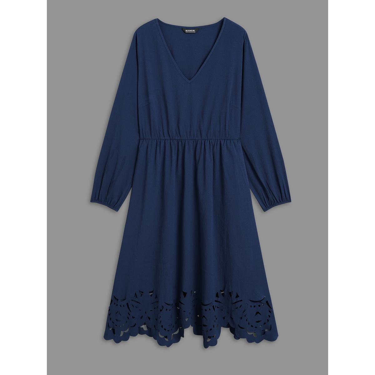 Plus Size Laser Cut Elastic Waist Pocketed Midi Dress Navy Women Elegant Texture V-neck Long Sleeve Curvy BloomChic 14-16/1X Product Image