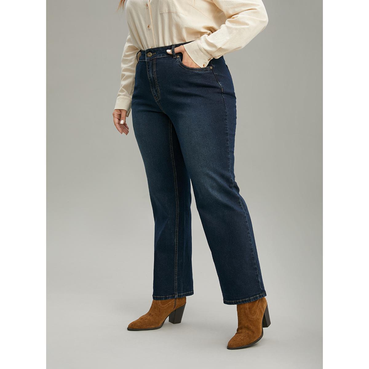 Plus Size Zipper Fly Straight Leg High Rise Jeans Women Indigo Casual Plain Plain High stretch Pocket Jeans BloomChic 16/1X Product Image