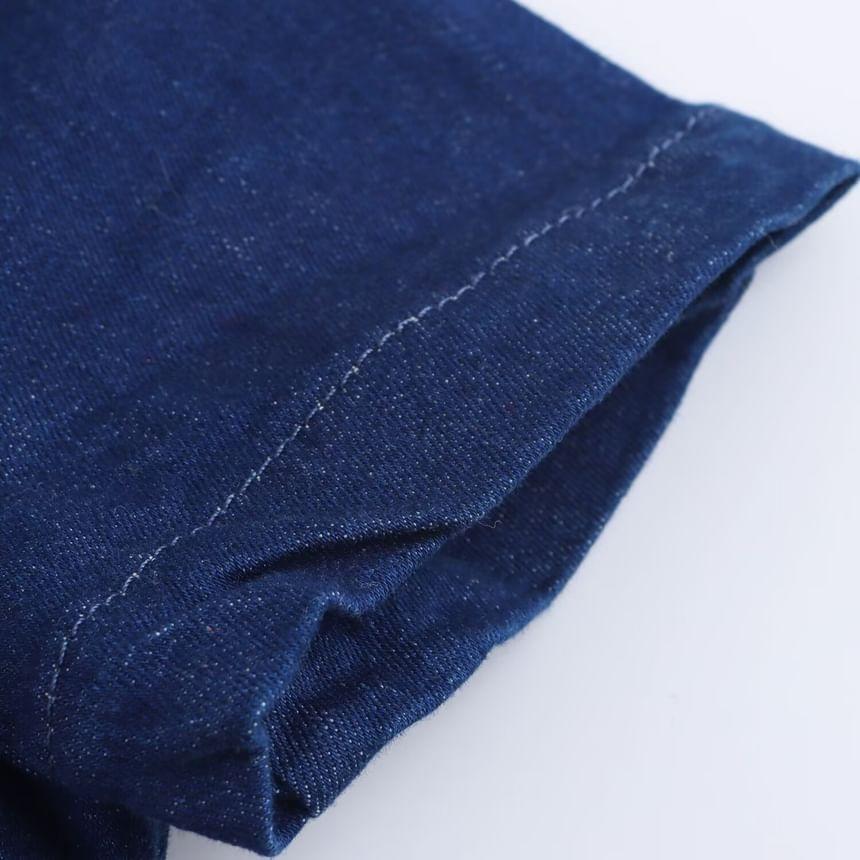Short-Sleeve Collar Pleated Denim Button Mini A-Line Dress Product Image