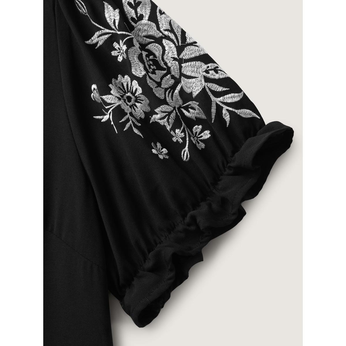 Plus Size Black Notched Collar Embroidered Ruffled Blouse Women Half Sleeve Flat collar with V-notch Everyday-Elegant Blouses BloomChic 12/L Product Image