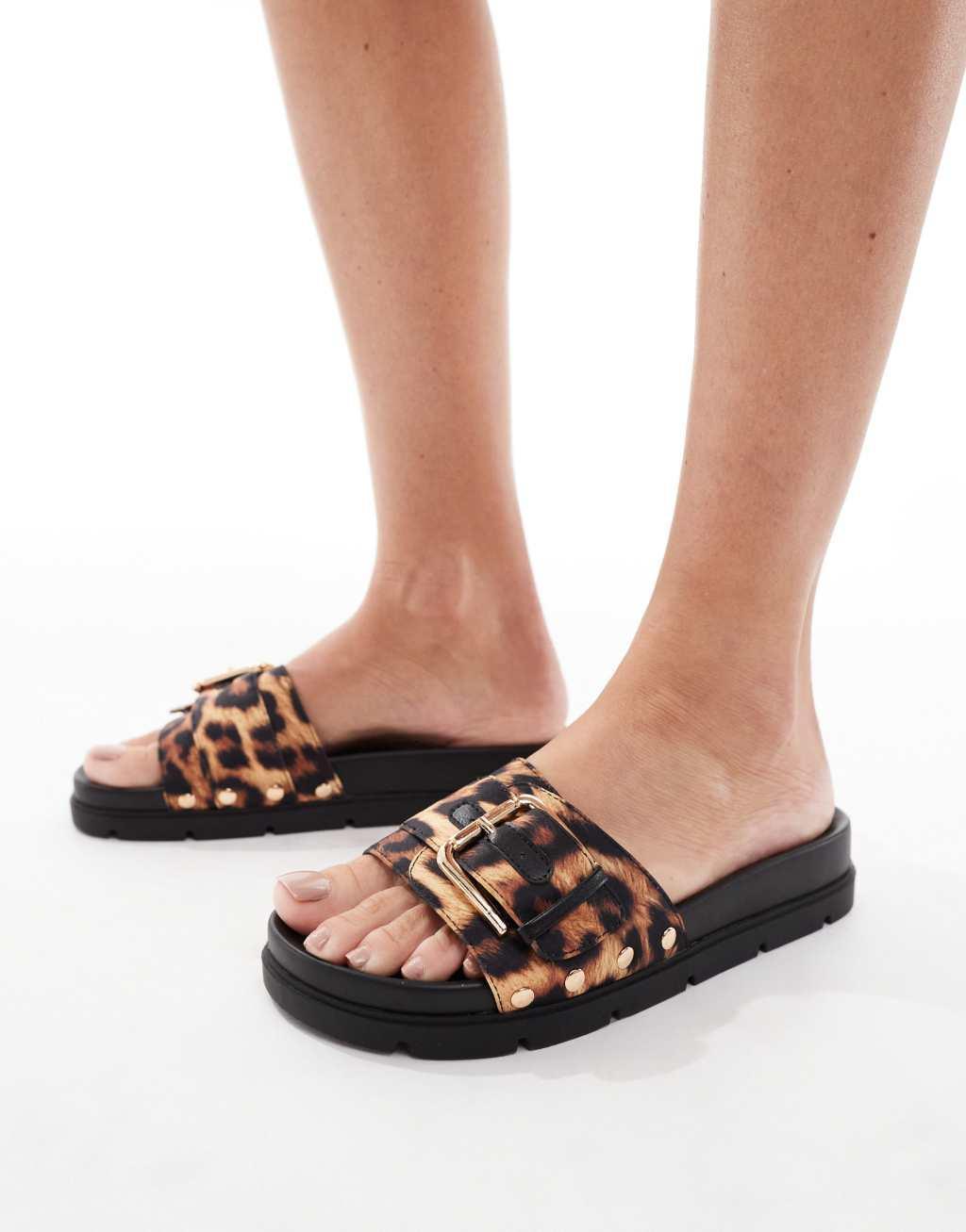 London Rebel buckle detail studded sandals in leopard Product Image