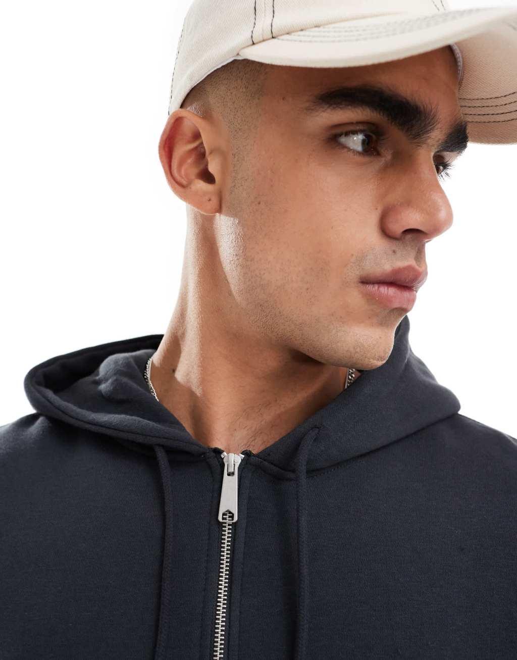 Cotton On boxy fit zip up hoodie in black Product Image