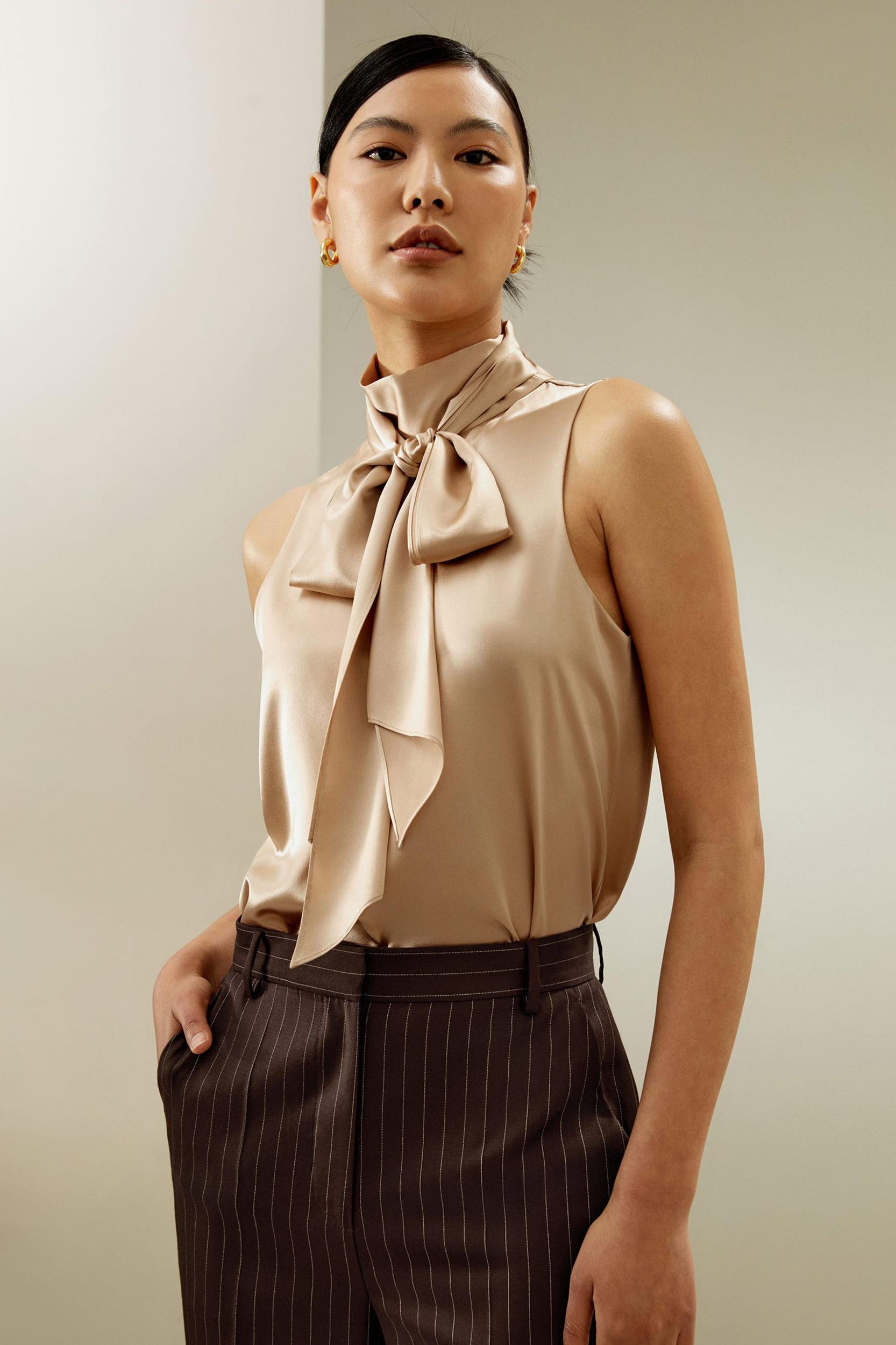 Sleeveless Tie-Neck Silk Blouse Product Image