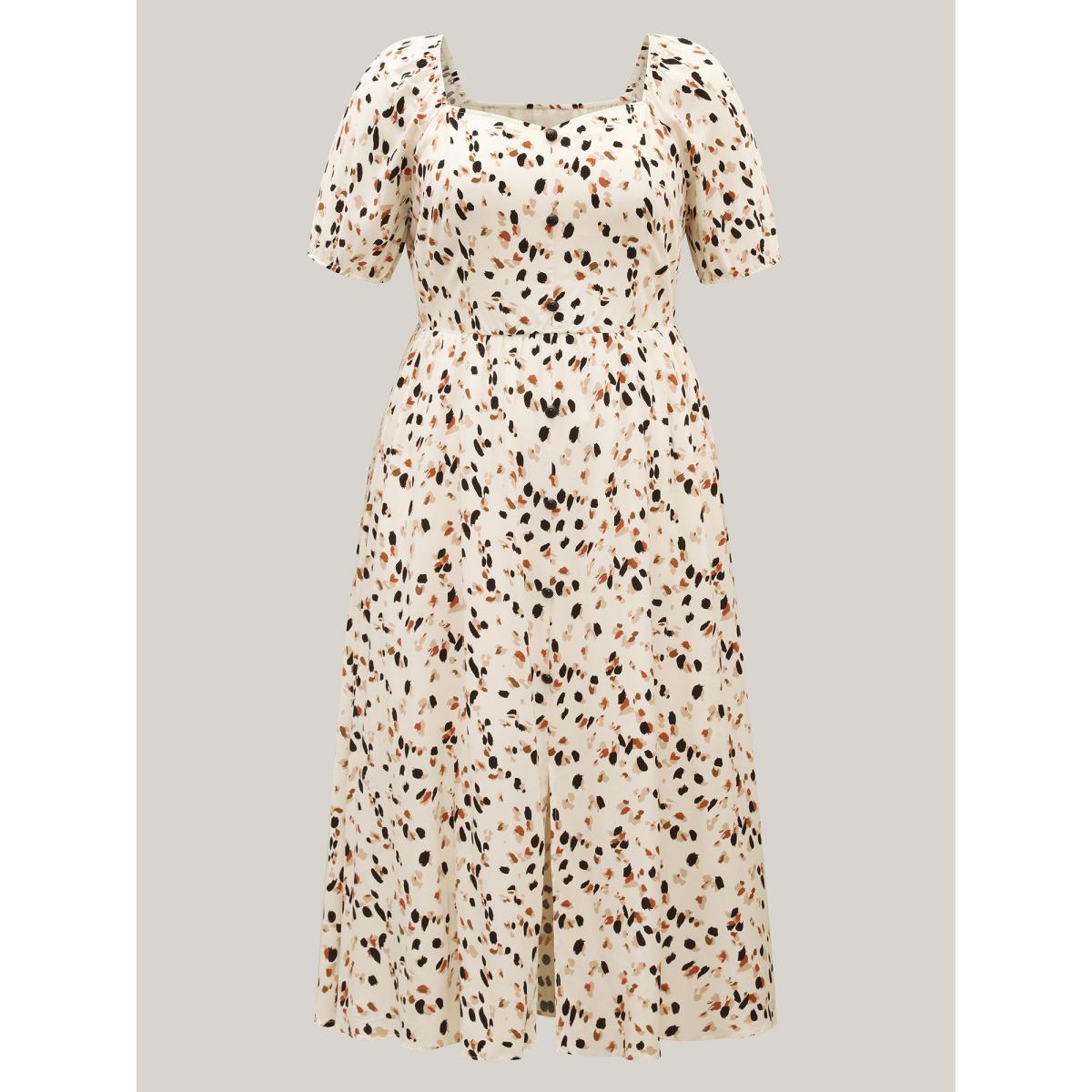 Plus Size Leopard Print Stretchy Waist Wavy Hem Dress Leopard Women Elegant Button Heart neckline Short sleeve Curvy BloomChic 14-16/1X Product Image