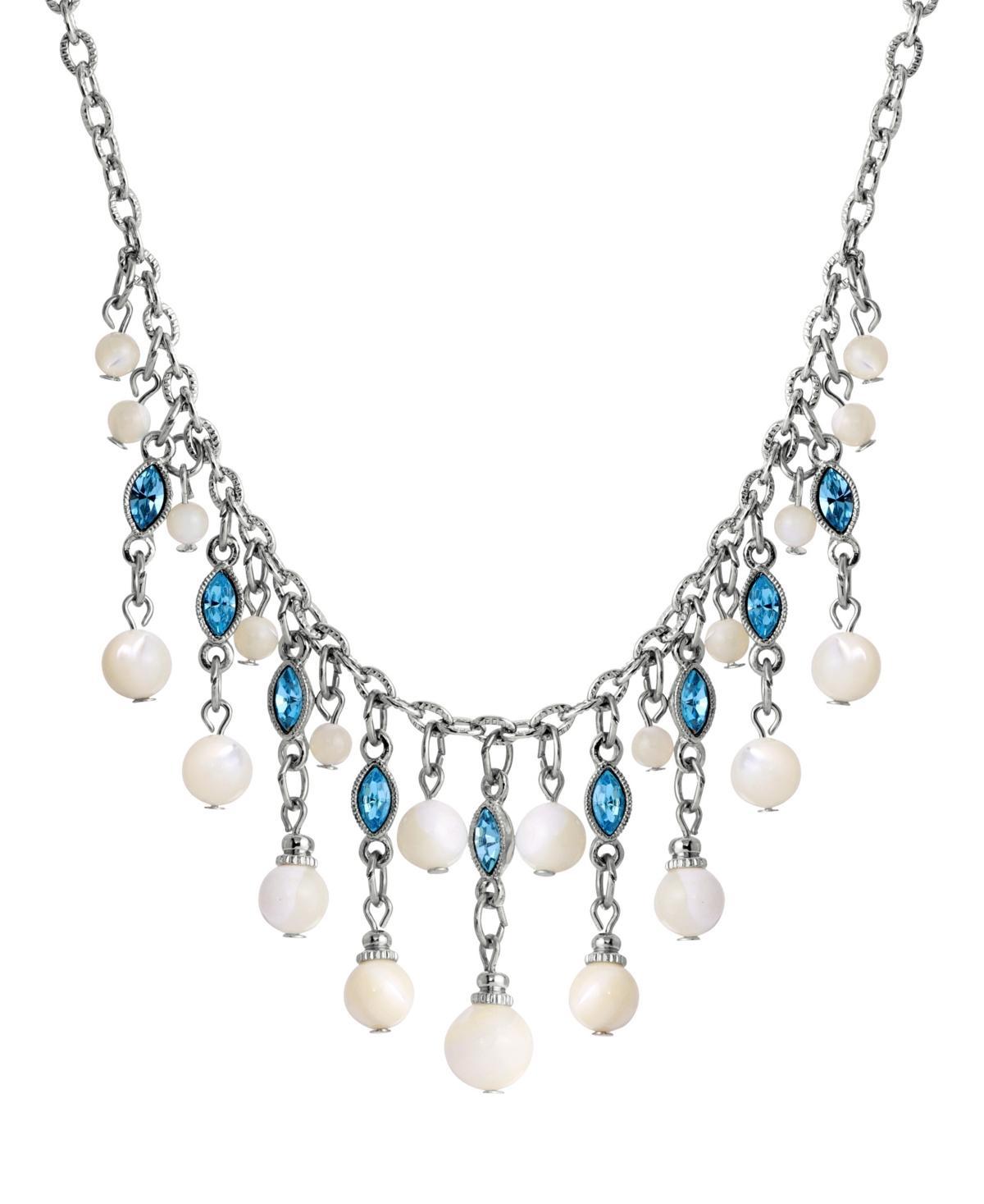 1928 Silver Tone Aqua and Simulated Oval Pearl Necklace, Womens, White Product Image