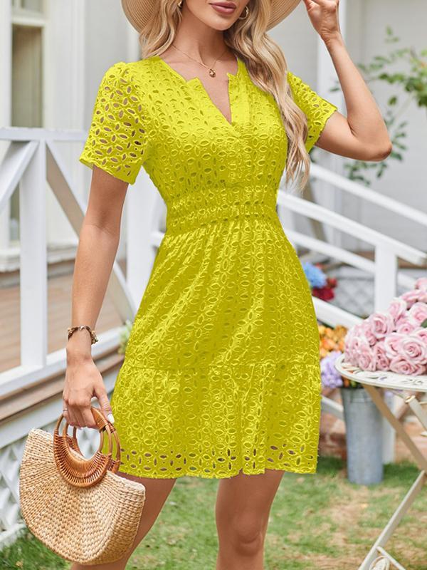 A-Line Loose Elasticity Hollow Pleated Solid Color Split-Joint V-Neck Mini Dresses Product Image
