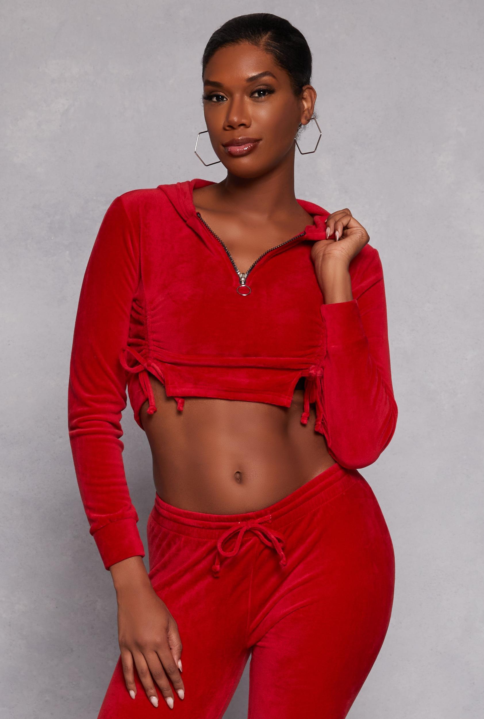Womens Velour Drawstring Ruched Half Zip Hoodie Product Image