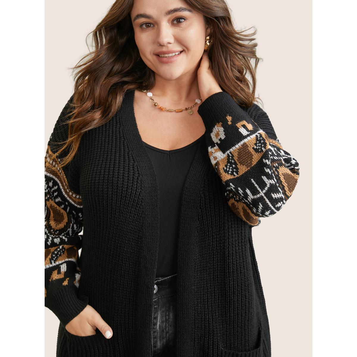 Plus Size Geometric Jacquard Patchwork Split Hem Cardigan Black Women Casual Loose Long Sleeve Everyday Cardigans BloomChic 12/L Product Image