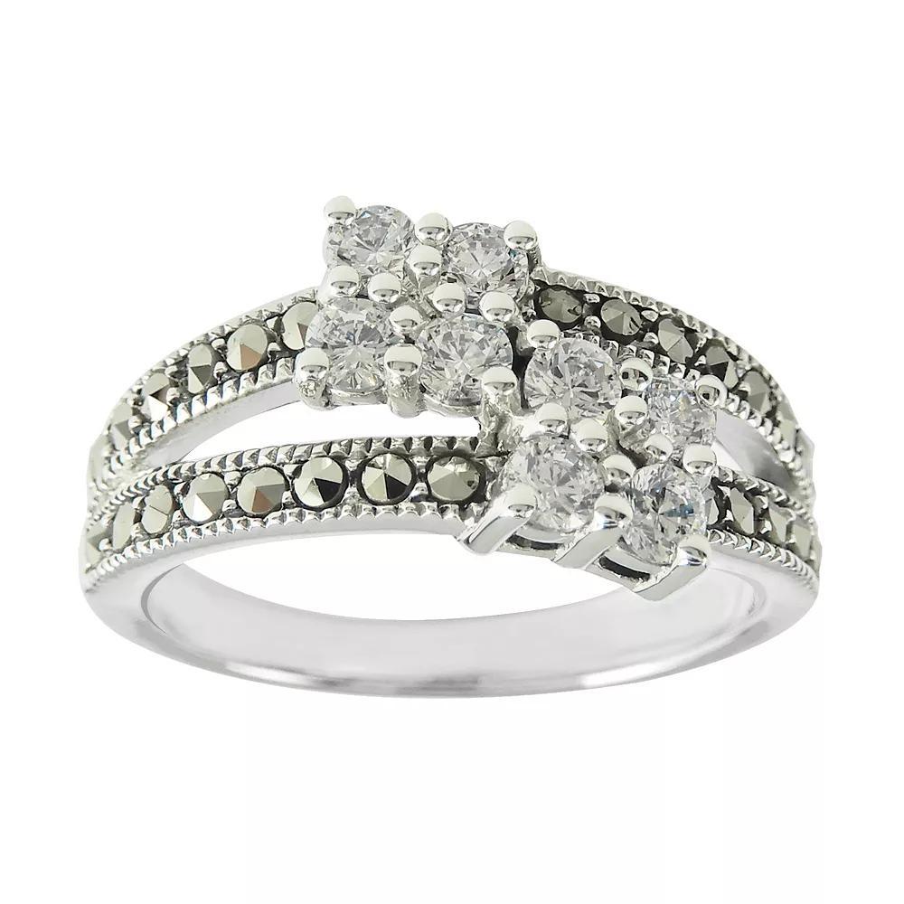 Lavish by TJM Sterling Silver Cubic Zirconia & Marcasite Cluster Split Band Right Hand Ring, Women's, Size: 8 Product Image