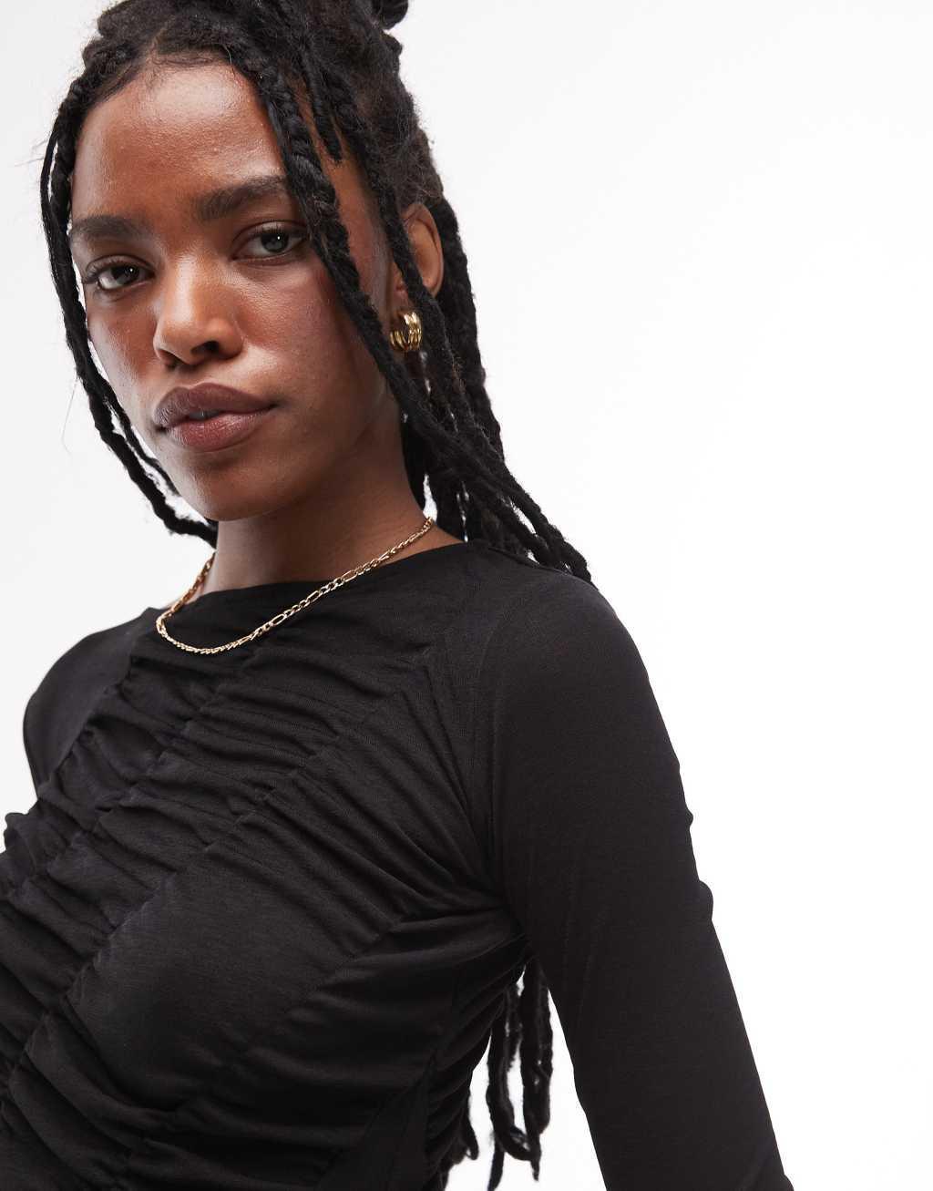 Topshop long sleeve shirred top in black Product Image