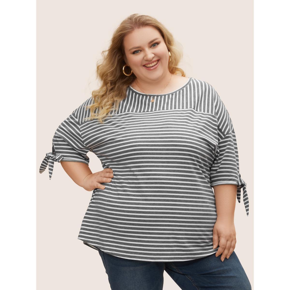 Plus Size Striped Boat Neck Tie Knot T-shirt DimGray Women Casual Tie knot Boat Neck Everyday T-shirts BloomChic 28/5X Product Image
