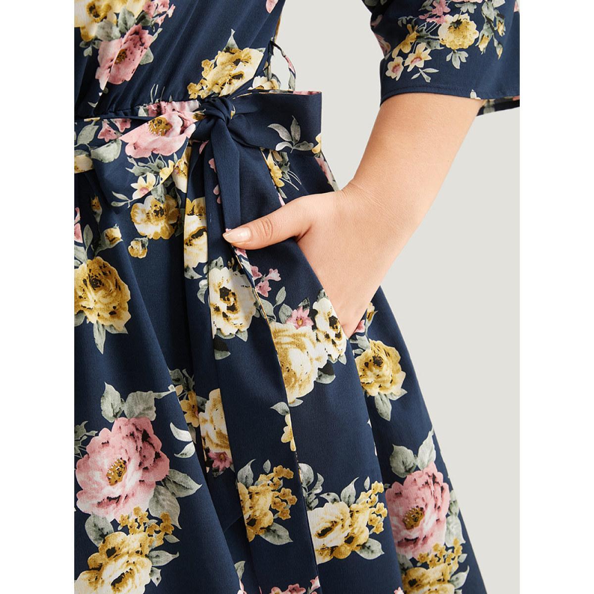 Plus Size Floral Print Frill Trim Belted Pocket Dress Navy Women Office Belted Notched collar Elbow-length sleeve Curvy Midi Dress BloomChic 12/L Product Image
