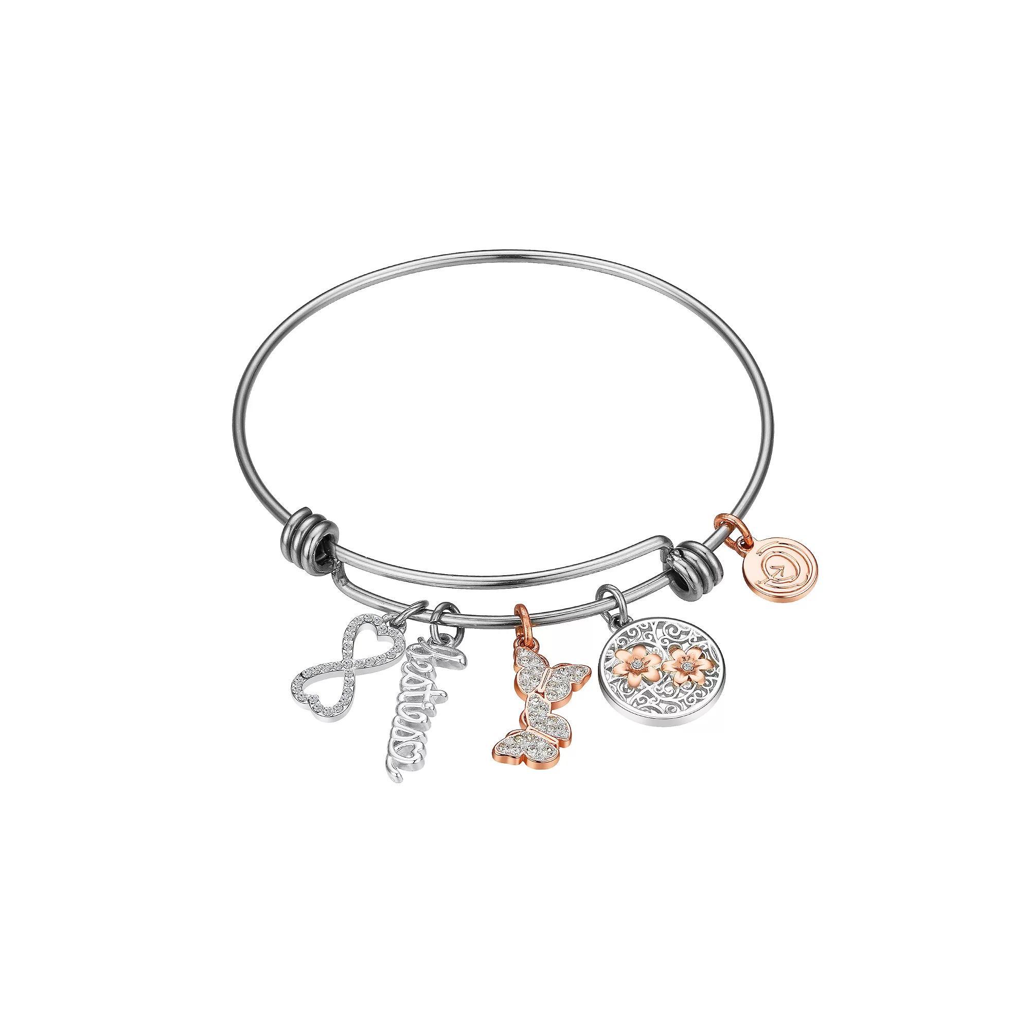 Love This Life Two-Tone Crystal Besties, Butterfly, Flower, & Infinity Charm Bangle Bracelet, Women's, Two Tone Product Image