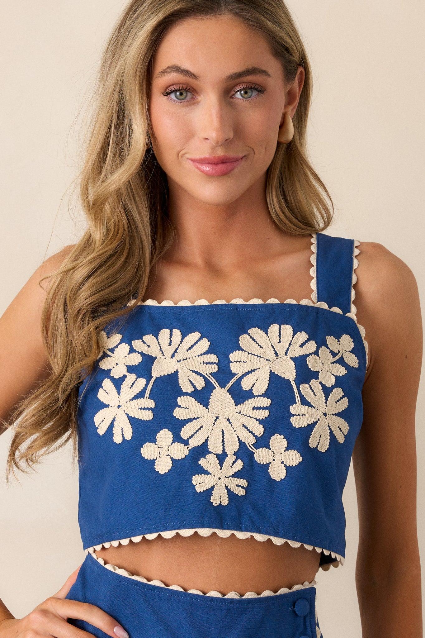 Take Me There Blue Embroidered Floral Cropped Top Product Image