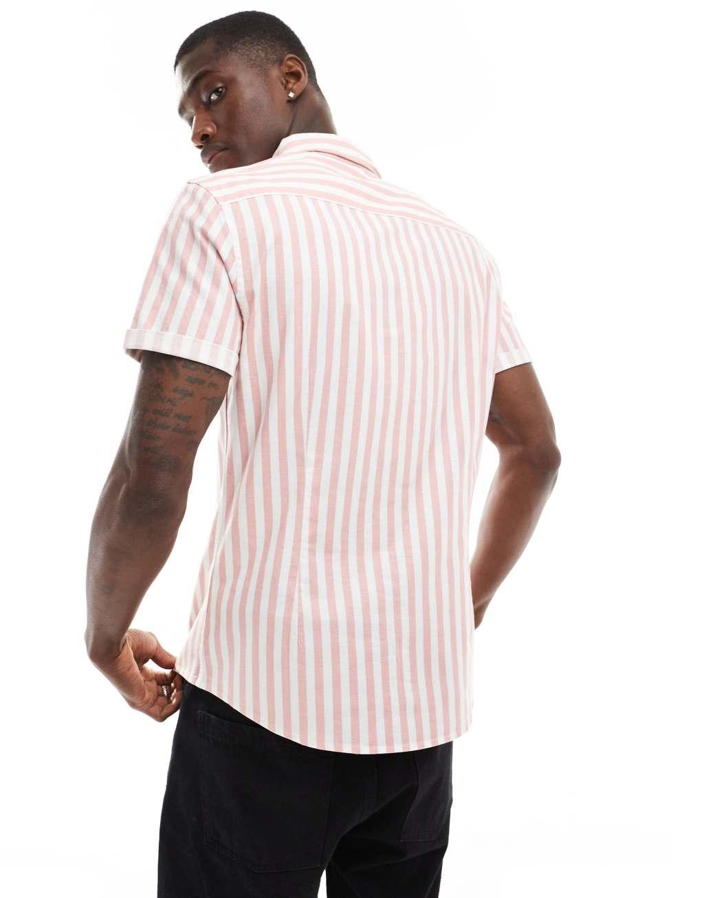 ASOS DESIGN stretch slim oxford stripe shirt in pink Product Image
