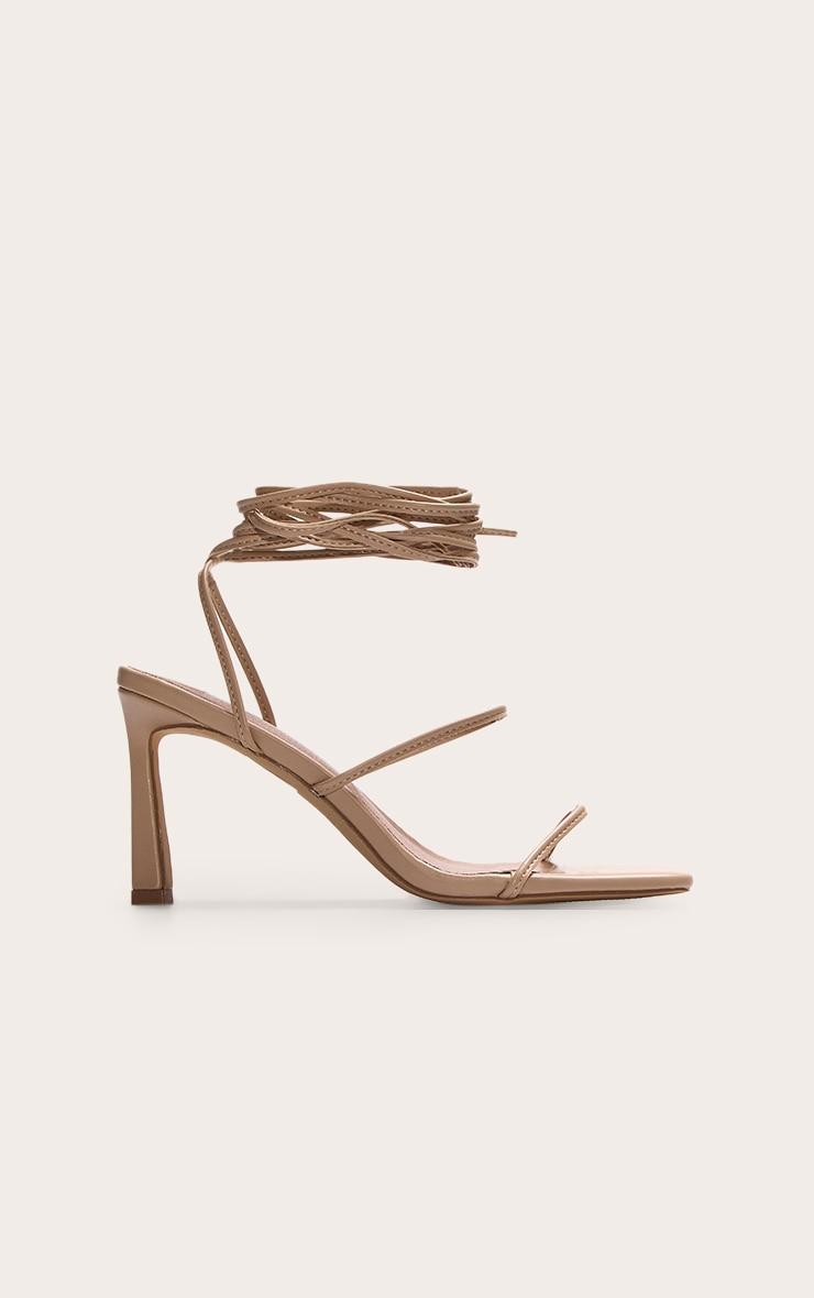 Nude Pu Square Toe Strappy Lace Up Mid Stiletto Heeled Sandals Product Image