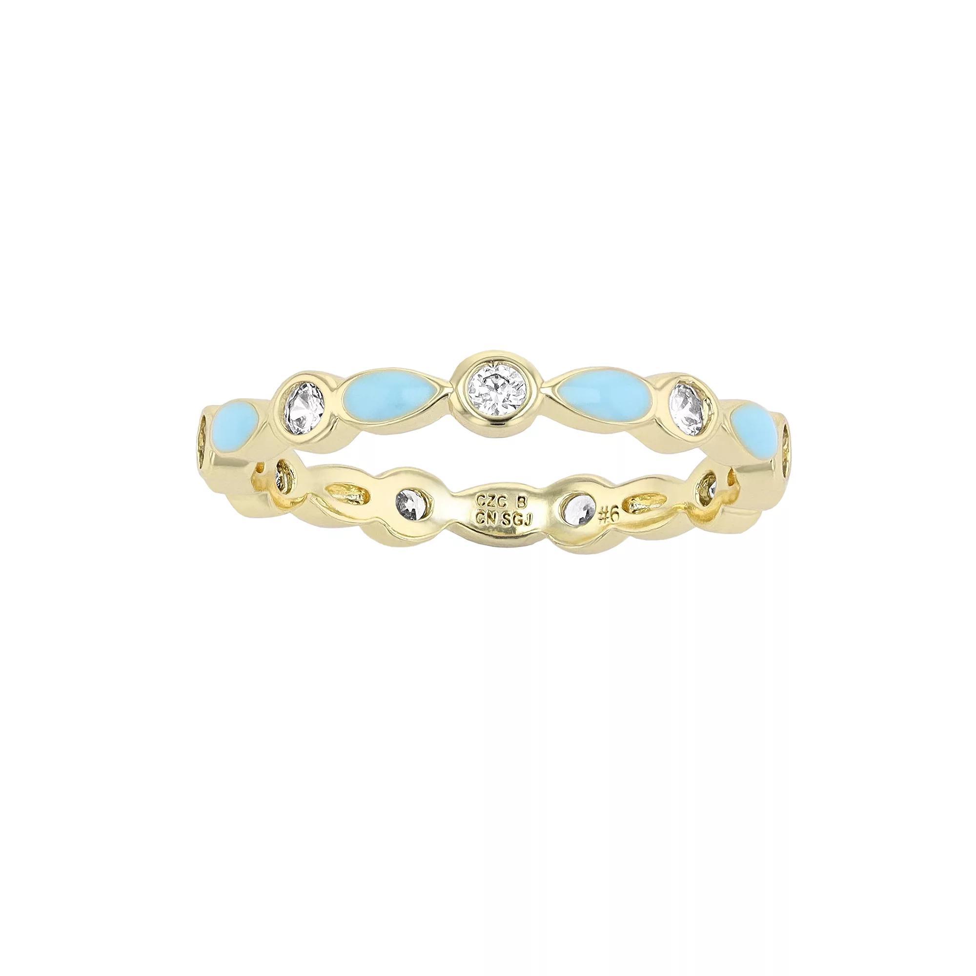 14k Yellow Gold Plated Clear Cubic Zirconia Colorful Marquise Enamel Stacking Ring, Women's, Gold Tone Blue Product Image
