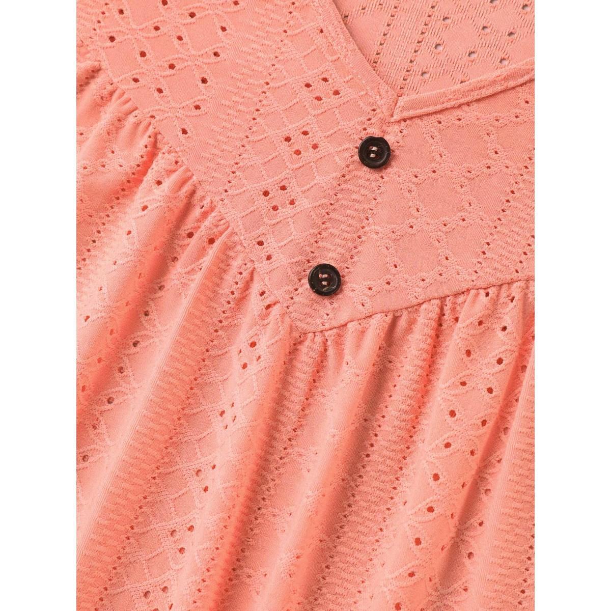 Plus Size Textured Button Detail Pleated T-Shirt Coral Women Casual Texture V-neck Everyday-Casual T-shirts BloomChic 12/L Product Image