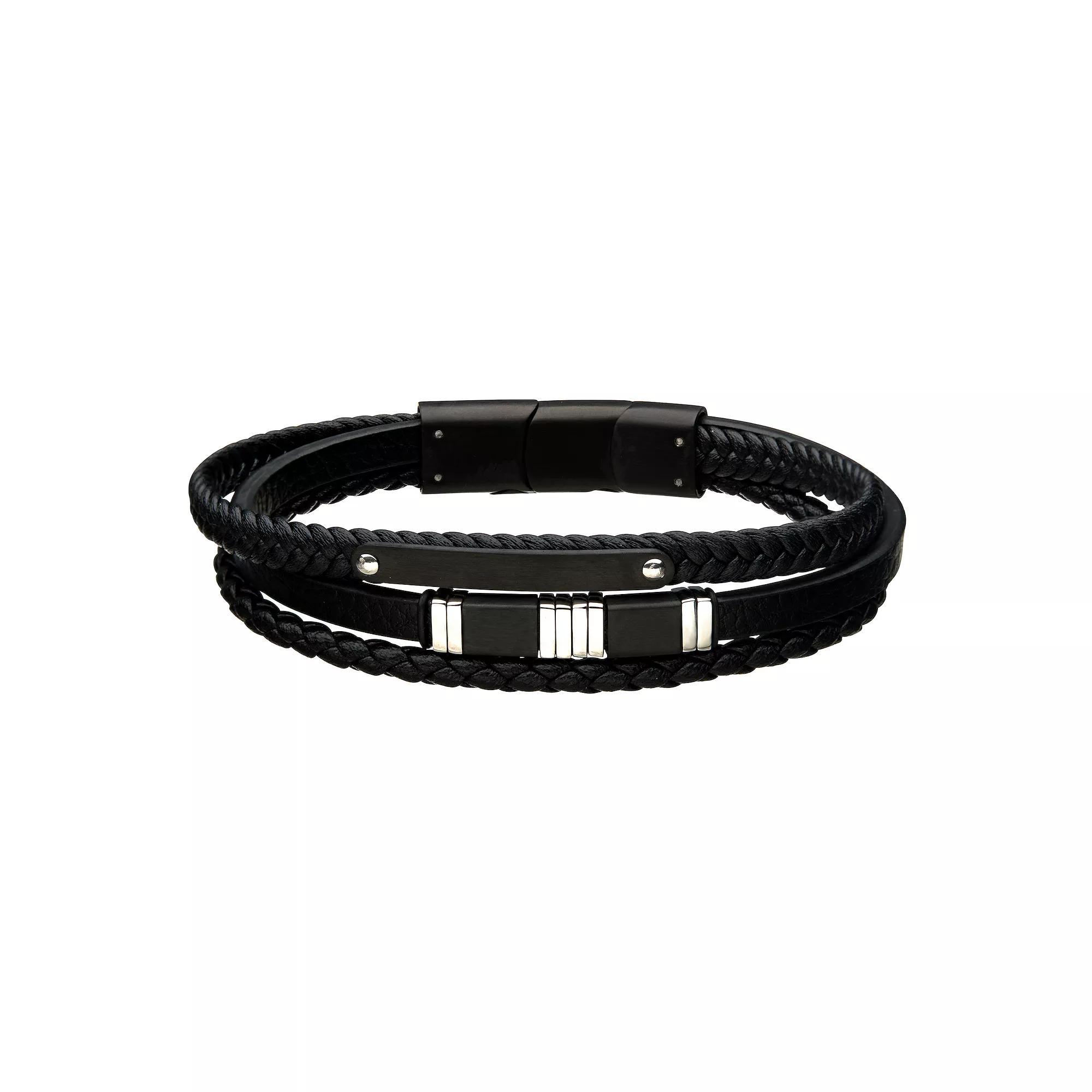 Men's Stainless Steel Bar & Black Leather Multistrand Bracelet, Size: 8.5" Product Image