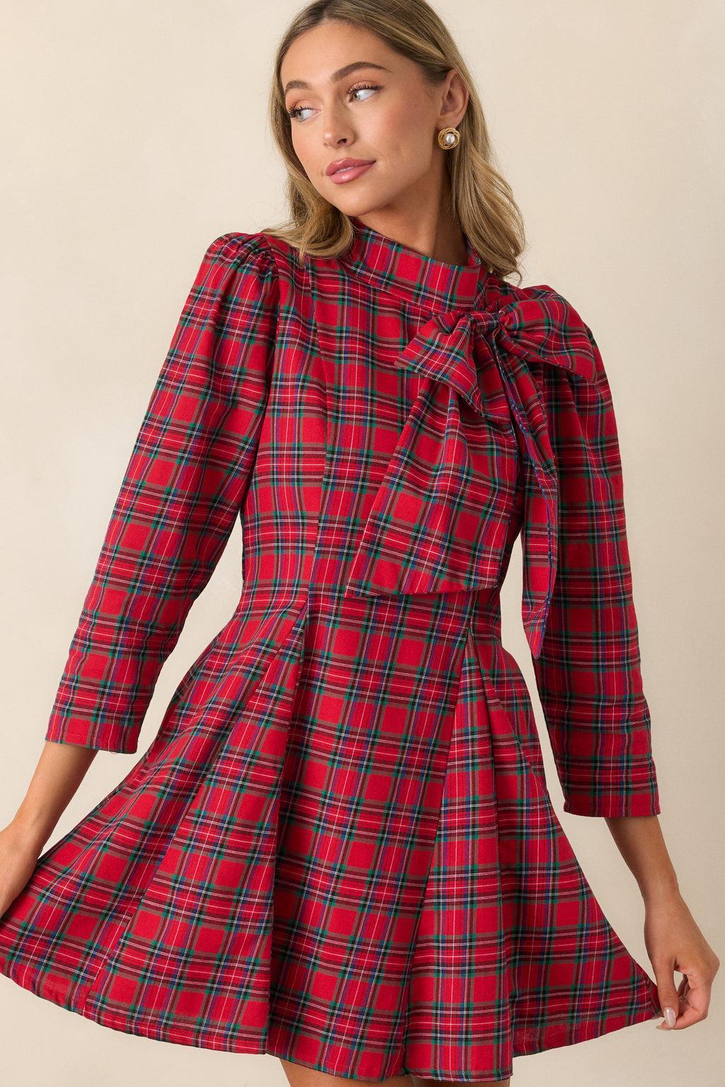 A Perfect Balance Cotton Red Plaid Bow Mini Dress Product Image