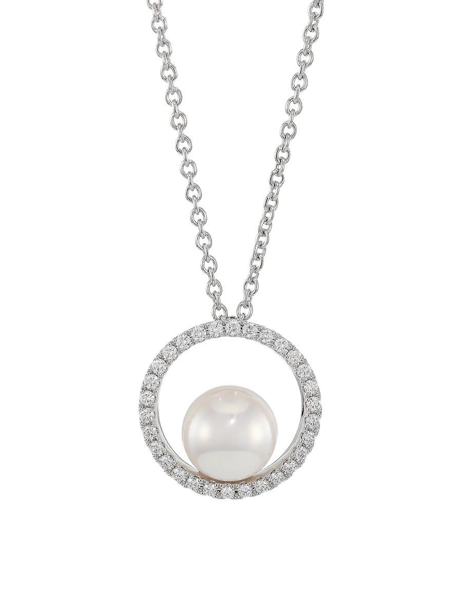 Womens Japan 18K White Gold, 7MM White Cultured Akoya Pearl & Diamond Pendant Necklace Product Image