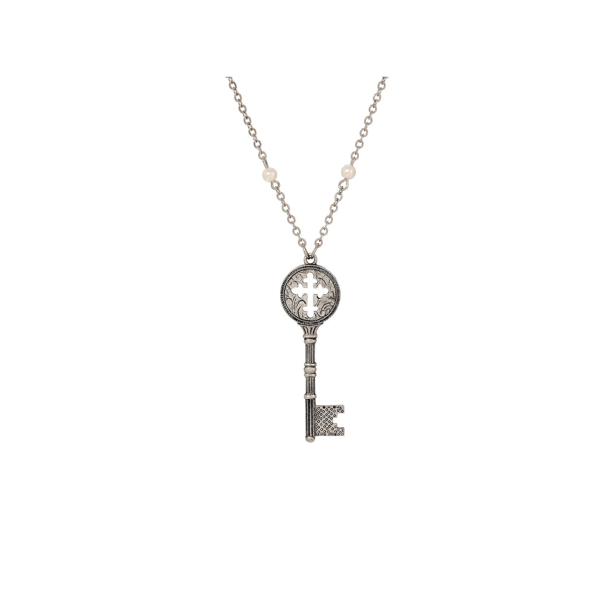 Symbols of Faith Silver Tone Cross Key Pendant 28 Necklace, Womens Product Image