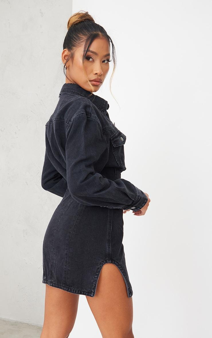 Washed Black Seam Detail Long Sleeve Denim Dress Product Image